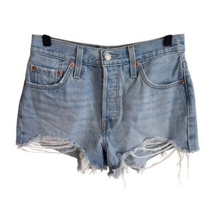Levis Premium 501 Original High Rise Light Wash Distressed Denim Shorts W25